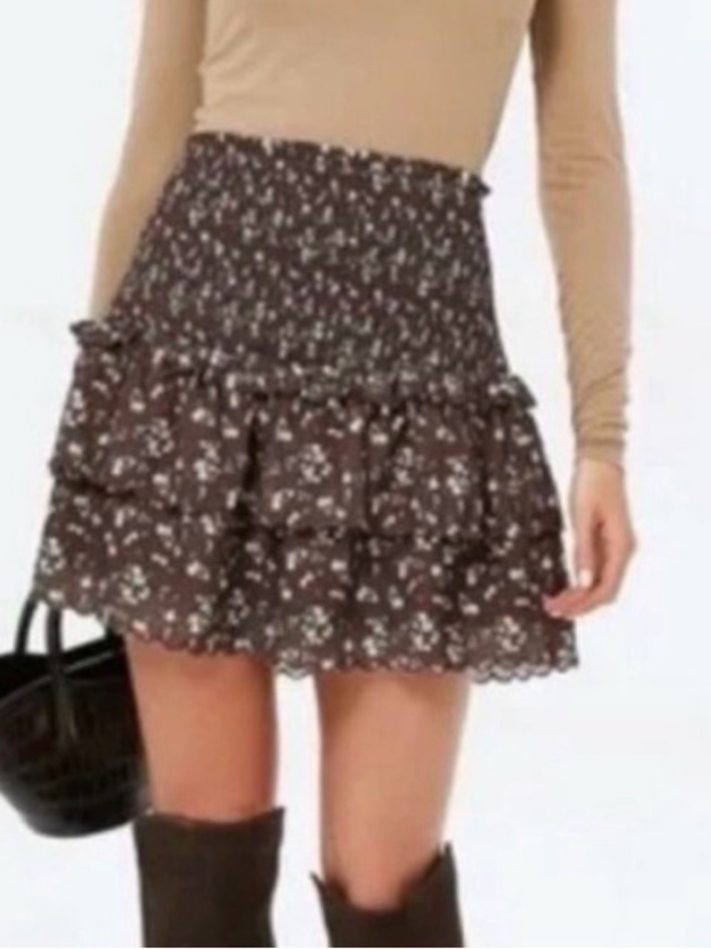 Hyacinth House Smocked Waist Brown Floral Tiered Mini Skirt NWT XS 0 2 stretch